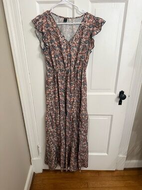 SHEIN Peach and Navy Floral Ruffle Sleeve Maxi Dress
